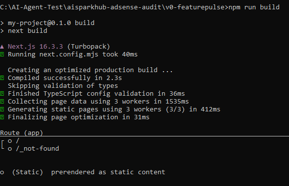 v0 npm run build terminal output Next.js Turbopack