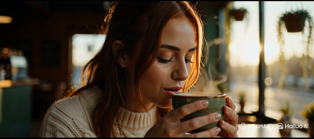 Hailuo AI video output frame showing a woman blowing steam from a ceramic mug in warm morning cafe light.