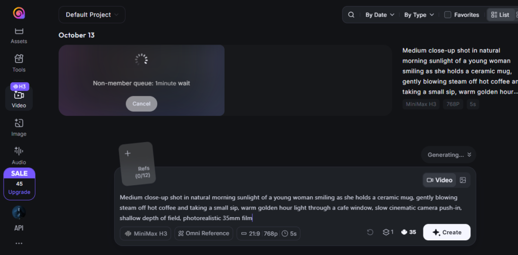 Hailuo AI in-flight generation screen with 1 minute wait message.