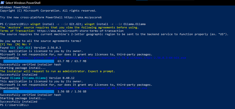 Installing Git and Ollama on Windows PowerShell using winget package manager