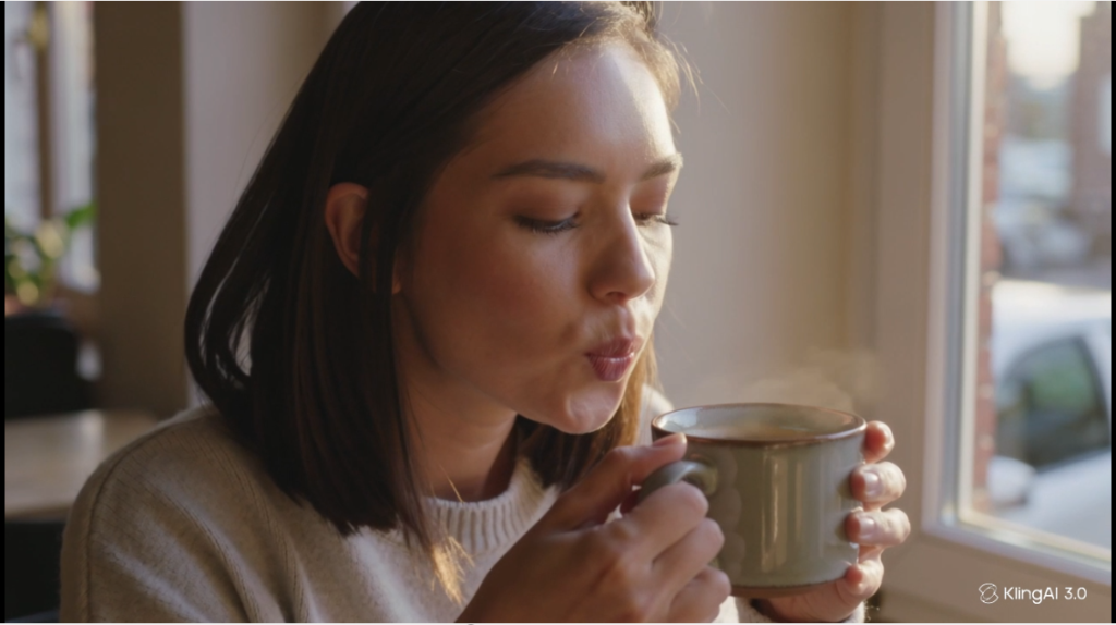 Kling AI video generation frame showing a woman sipping coffee with clear liquid visibility inside the ceramic cup.
