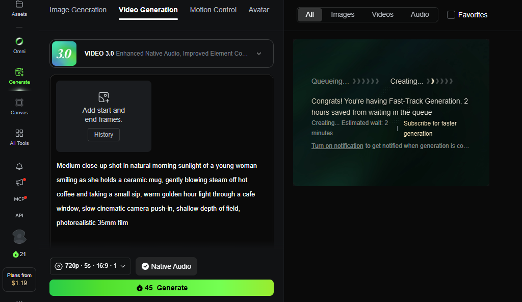 Kling AI queue progress notification estimating a 2-minute completion time.