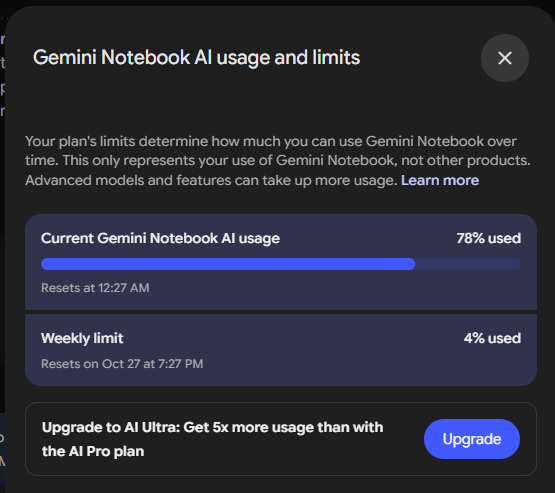 Gemini Notebook AI usage and limits interface displaying 78% daily quota used and 4% weekly limit.
