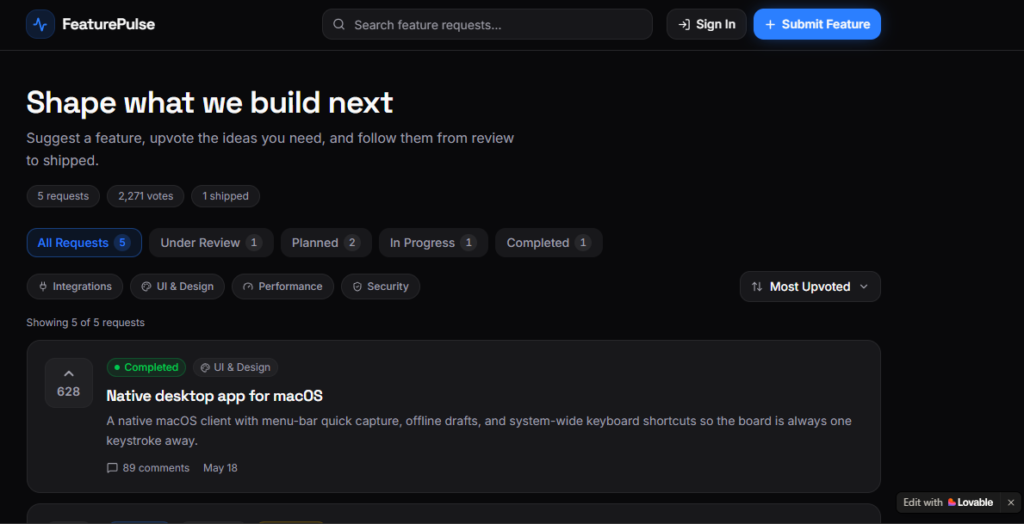 Lovable Prompt 1 FeaturePulse UI