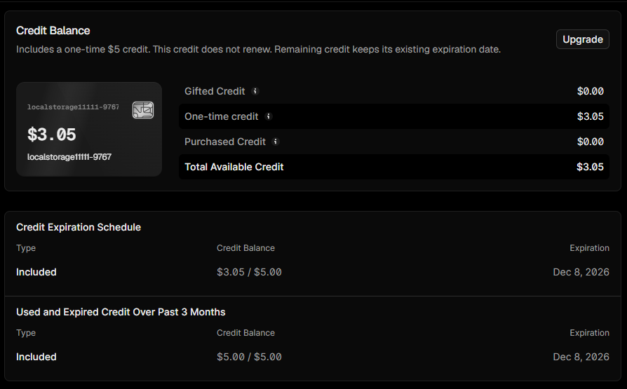 v0 Free Credit Dashboard showing $3.05 balance and does not renew notice